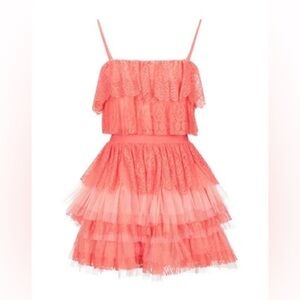 ANIYE BY Tulle Lace Ruffle Short Dresses Coral Pink Size M